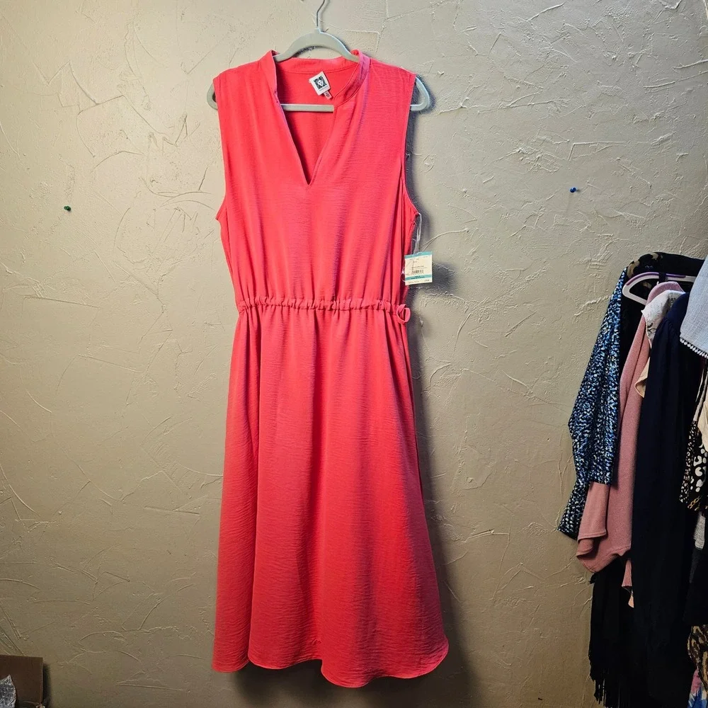 Anne Klein Coral Pink Sleeveless Split Neck Drawstring Waist Midi Dress 16 NEW - Picture 9 of 12